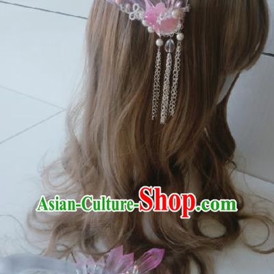Traditional Chinese Cosplay Swordsman Pink Crystal Hairpins Ancient Hanfu Hair Accessories for Women