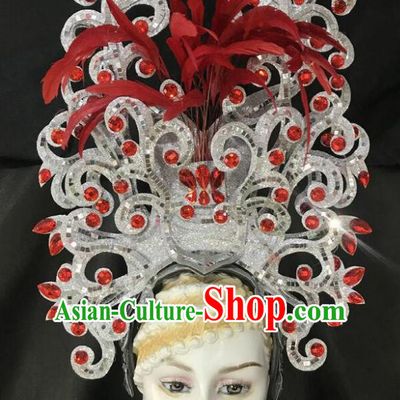 Top Halloween Samba Dance Red Crystal Feather Royal Crown Brazilian Rio Carnival Deluxe Hair Accessories for Women
