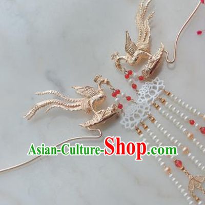 Traditional Chinese Classical Golden Phoenix Tassel Hairpins Ancient Princess Hanfu Hair Accessories for Women