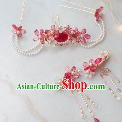 Traditional Chinese Classical Red Flowers Hair Clip Hairpins Ancient Princess Hanfu Hair Accessories for Women