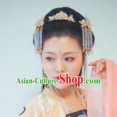 Traditional Chinese Classical Golden Tassel Hair Crown Hairpins Ancient Princess Hanfu Hair Accessories for Women