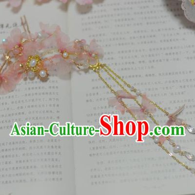 Traditional Chinese Classical Pink Silk Butterfly Hairpins Ancient Princess Hanfu Hair Accessories for Women