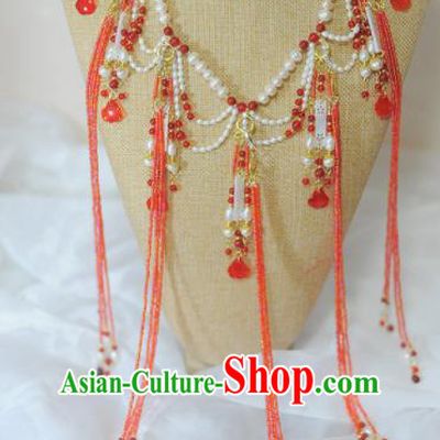 Traditional Chinese Hanfu Pearls Necklace Ancient Princess Red Tassel Necklet Accessories for Women