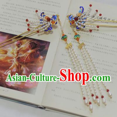 Traditional Chinese Classical Pearls Phoenix Tassel Hairpins Ancient Princess Hanfu Hair Accessories for Women