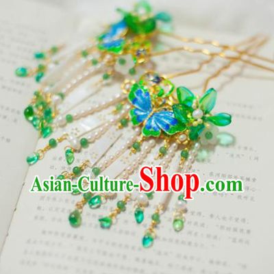 Traditional Chinese Classical Green Flowers Tassel Hairpins Ancient Princess Hanfu Hair Accessories for Women