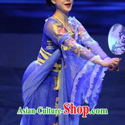 Chinese Drama Dragon Boat Festival Classical Dance Royalblue Dress Stage Performance Costume and Headpiece for Women