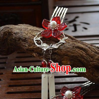 Traditional Chinese Classical Red Plum Hair Comb Hairpins Ancient Princess Hanfu Hair Accessories for Women