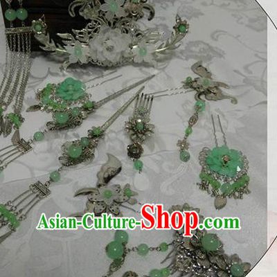 Traditional Chinese Classical Green Peony Hairpins Hair Combs Ancient Princess Hanfu Hair Accessories for Women