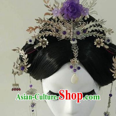 Traditional Chinese Classical Hairpins Purple Peony Phoenix Hair Crown Ancient Princess Hanfu Hair Accessories for Women