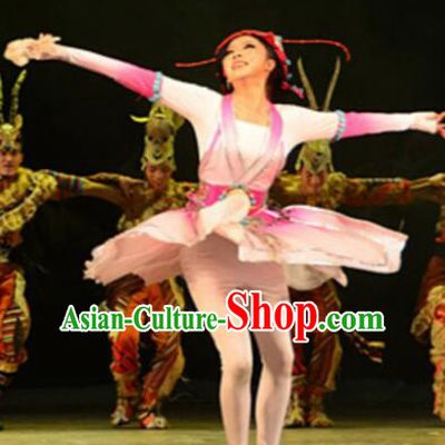 Chinese Tamrac Heaven Zang Nationality Dance Pink Dress Stage Performance Costume and Headpiece for Women