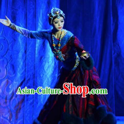 Chinese Tamrac Heaven Zang Nationality Folk Dance Dress Stage Performance Costume and Headpiece for Women