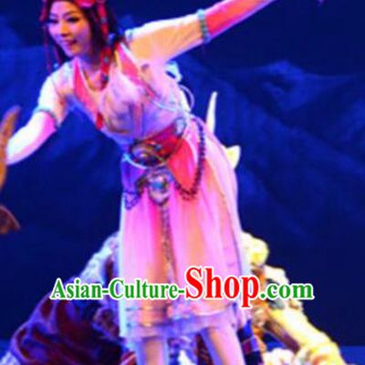 Chinese Tamrac Heaven Zang Nationality Folk Dance Pink Dress Stage Performance Costume and Headpiece for Women