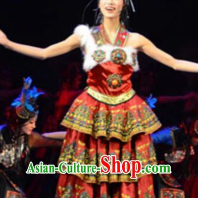 Chinese Tamrac Heaven Zang Nationality Folk Dance Red Dress Stage Performance Costume and Headpiece for Women