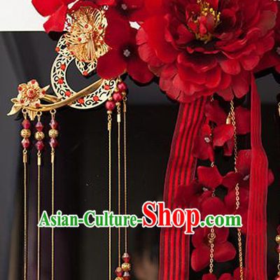 Traditional Chinese Classical Red Peony Hair Crown Tassel Hairpins Ancient Princess Hanfu Hair Accessories for Women