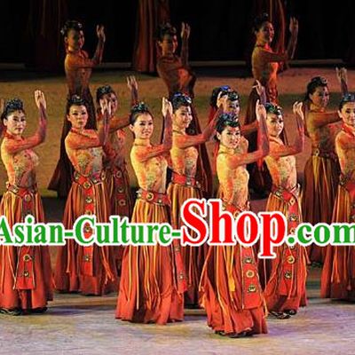 Chinese Tamrac Heaven Zang Nationality Classical Dance Dress Stage Performance Costume and Headpiece for Women