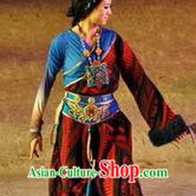 Chinese Tamrac Heaven Zang Nationality Dance Red Dress Stage Performance Costume and Headpiece for Women
