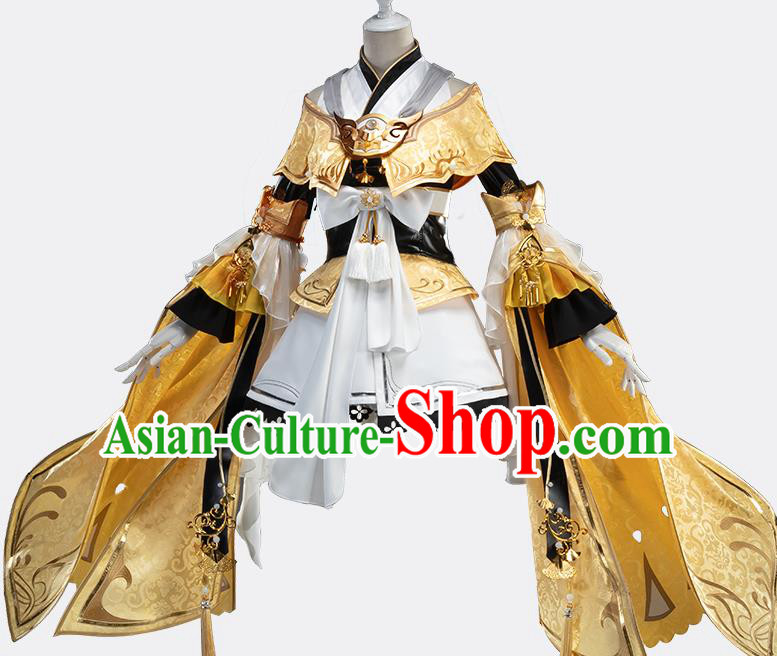 Traditional Chinese Cosplay Female Swordsman Golden Dress Ancient Heroine Costume for Women Traditional Chinese Cosplay Female Swordsman Golden Dress Ancient Heroine Costume for Women