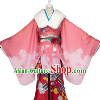 Traditional Japanese Cosplay Geisha Pink Kimono Japan Yukata Dress for Women