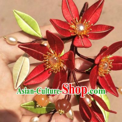 Traditional Chinese Hanfu Palace Red Flowers Hairpins Ancient Princess Hair Accessories for Women