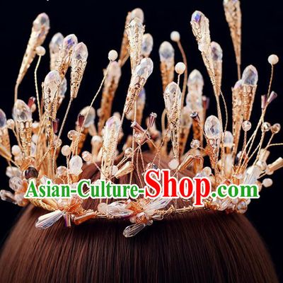 Top Grade Bride Beads Golden Round Royal Crown Handmade Wedding Hair Accessories for Women