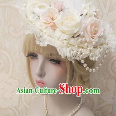 Top Grade Baroque Bride Roses Lace Top Hat Handmade Wedding Hair Accessories for Women