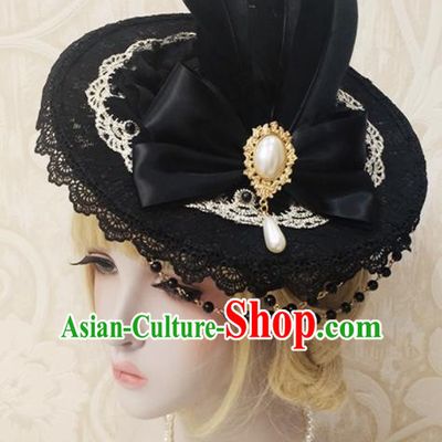 Top Grade Baroque Bride Black Top Hat Handmade Wedding Hair Accessories for Women