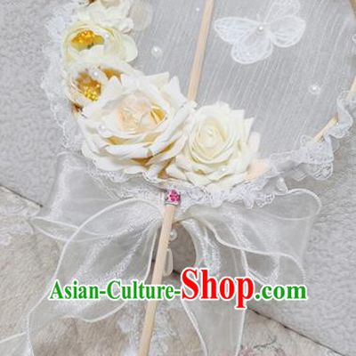 Handmade Chinese Silk Palace Fans Wedding Beige Roses Round Fan for Women