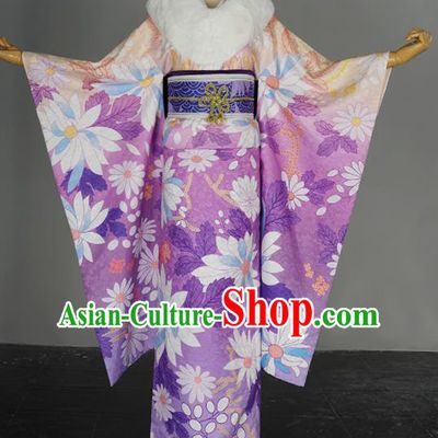 Traditional Japanese Cosplay Geisha Printing Purple Kimono Japan Yukata Dress for Women