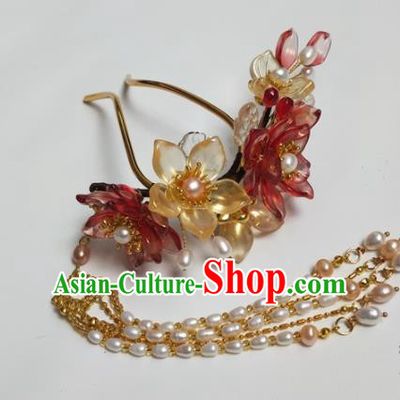 Traditional Chinese Hanfu Red Flowers Pearls Tassel Hairpins Ancient Princess Hair Accessories for Women