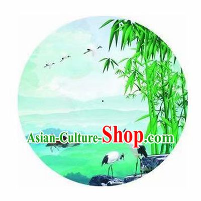 Chinese Handmade Printing Bamboo Cranes Green Oil Paper Umbrella Traditional Umbrellas