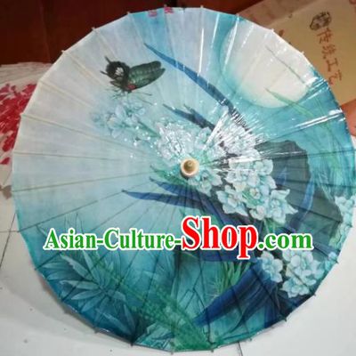 Chinese Handmade Printing Flowers Butterfly Blue Oil Paper Umbrella Traditional Umbrellas