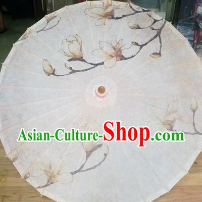 Chinese Handmade Magnolia Pattern White Oil Paper Umbrella Traditional Decoration Umbrellas