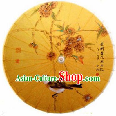 Chinese Handmade Printing Begonia Birds Yellow Oil Paper Umbrella Traditional Decoration Umbrellas
