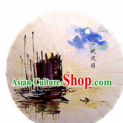 Chinese Handmade Printing Sailboat Oil Paper Umbrella Traditional Decoration Umbrellas