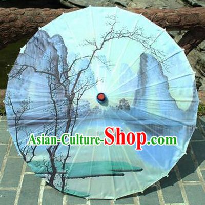 Handmade Chinese Classical Dance Printing Landscape Blue Paper Umbrella Traditional Cosplay Decoration Umbrellas