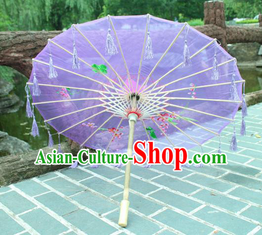 Handmade Chinese Printing Flowers Purple Tassel Silk Umbrella Traditional Classical Dance Decoration Umbrellas