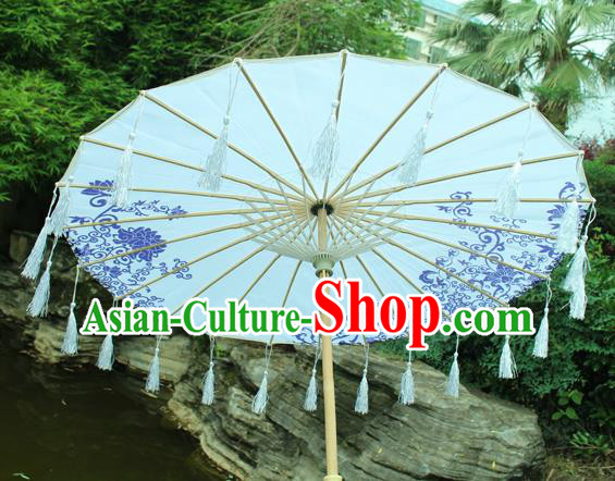 Handmade Chinese Printing Lotus White Tassel Silk Umbrella Traditional Classical Dance Decoration Umbrellas Handmade Chinese Printing Lotus White Tassel Silk Umbrella Traditional Classical Dance Decoration Umbrellas