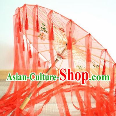 Handmade Chinese Printing Flowers Red Ribbon Silk Umbrella Traditional Classical Dance Decoration Umbrellas