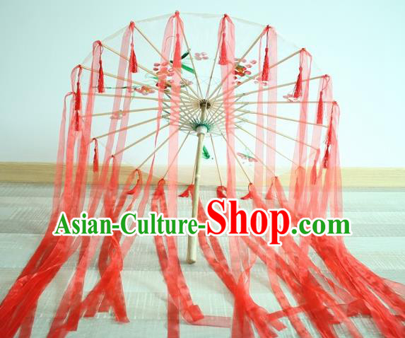 Handmade Chinese Red Ribbon Silk Umbrella Traditional Classical Dance Decoration Umbrellas Handmade Chinese Red Ribbon Silk Umbrella Traditional Classical Dance Decoration Umbrellas