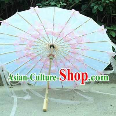 Handmade Chinese Pink Flowers Ribbon Silk Umbrella Traditional Classical Dance Decoration Umbrellas