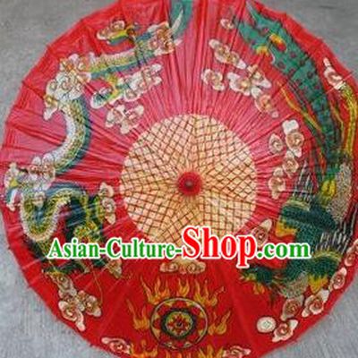 Chinese Classical Dance Handmade Printing Phoenix Dragon Red Paper Umbrella Traditional Decoration Umbrellas