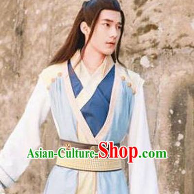 Ancient Chinese Swordsman Blue Hanfu Clothing Drama Jia Feng Xu Huang Kawaler Xie Qingyun Costumes for Men