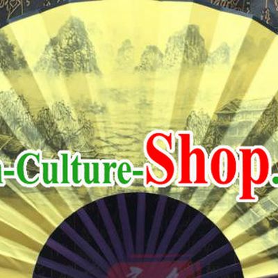 Chinese Handmade Painting Landscape Yellow Silk Fans Traditional Decoration Folding Fan