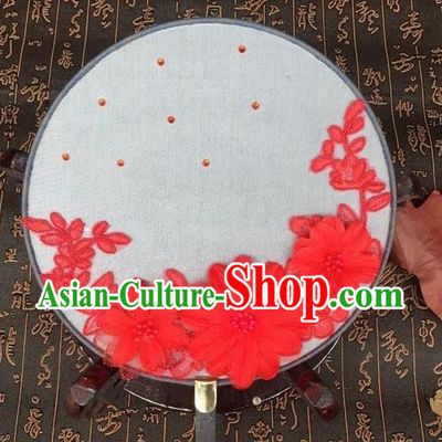 Handmade Chinese Classical Hanfu Red Flowers Silk Round Fan Traditional Palace Fans