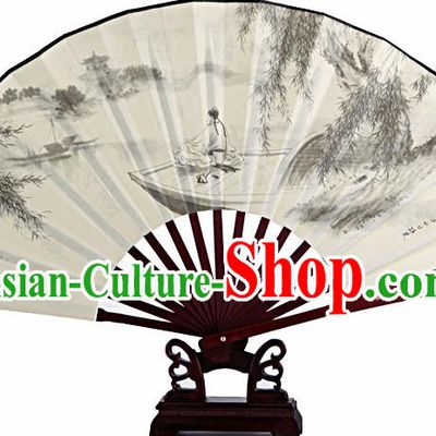 Chinese Handmade Painting Boat White Fans Accordion Fan Traditional Decoration Folding Fan
