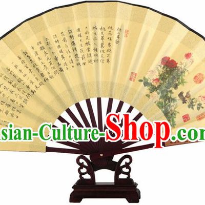 Chinese Handmade Painting Peony Yellow Fans Accordion Fan Traditional Decoration Folding Fan