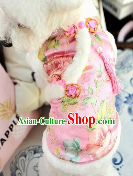 Traditional Asian Chinese Winter Dog Pink Brocade Costumes for New Year Traditional Asian Chinese Winter Dog Pink Brocade Costumes for New Year