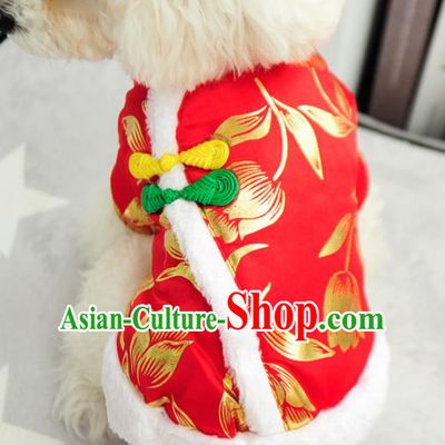 Traditional Asian Chinese Pets Clothing Dog Winter Brushed Printing Tulip Red Costumes for New Year