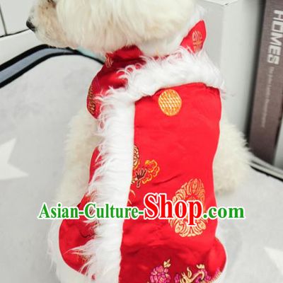 Traditional Asian Chinese Pets Clothing Dog Winter Brushed Printing Red Costumes for New Year