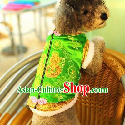 Traditional Asian Chinese Pets Clothing Dog Winter Green Brocade Costumes for New Year